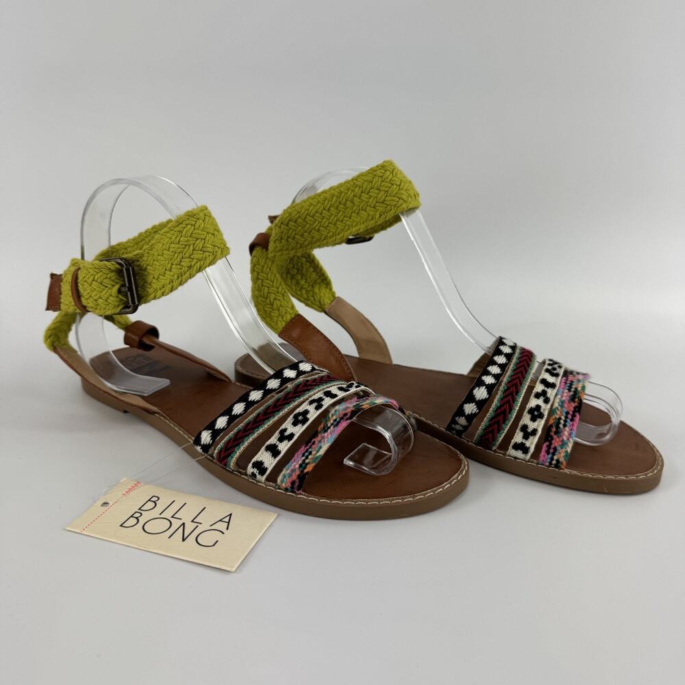 Billabong Women's Shoreline Trips Multi decor Straps Flat Sandals Ankle Wrap 8
